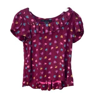 Marc Jacobs Silk Blouse Size 6 Purple Floral Pleated Ruffle Puff Short Sleeve